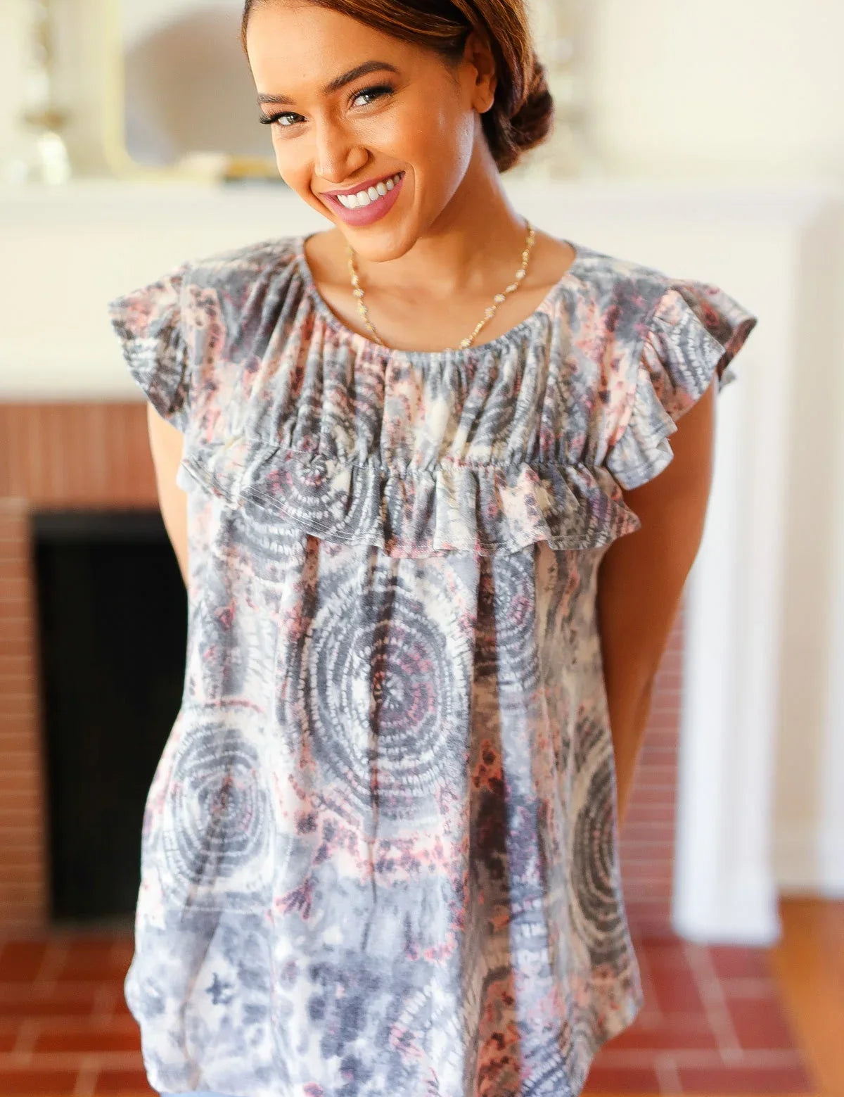 Everyday Gray & Coral Tie Dye Frilled Short Sleeve Yoke Top | 2024 Blow-Out Sale Daverri Fashions