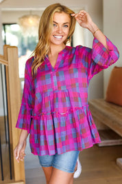 Back To Basics Fuchsia Plaid Notched Neck Babydoll Top | Daverri Fashions