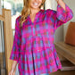 Back To Basics Fuchsia Plaid Notched Neck Babydoll Top - DAVERRI FASHIONS