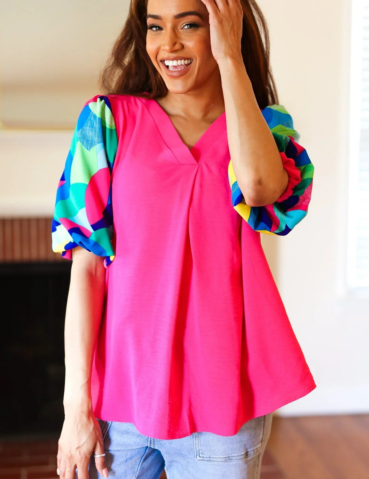 Tell Your Story Fuchsia Geo Print Puff Sleeve V Neck Top | 07-01-25 Summer Sale Daverri Fashions