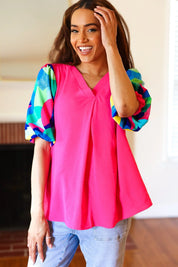 Tell Your Story Fuchsia Geo Print Puff Sleeve V Neck Top | 07-01-25 Summer Sale Daverri Fashions