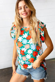 Follow Me Emerald Floral Print Double Ruffle Sleeve Top - DAVERRI FASHIONS