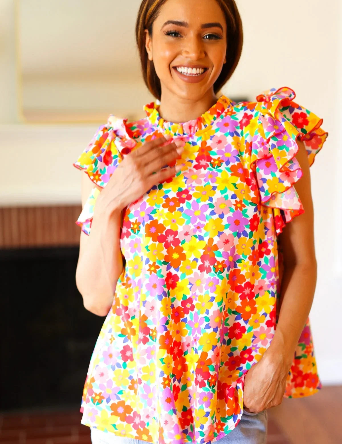 Flower Power Ivory & Red Floral Mock Neck Flutter Sleeve Top | Daverri Fashions