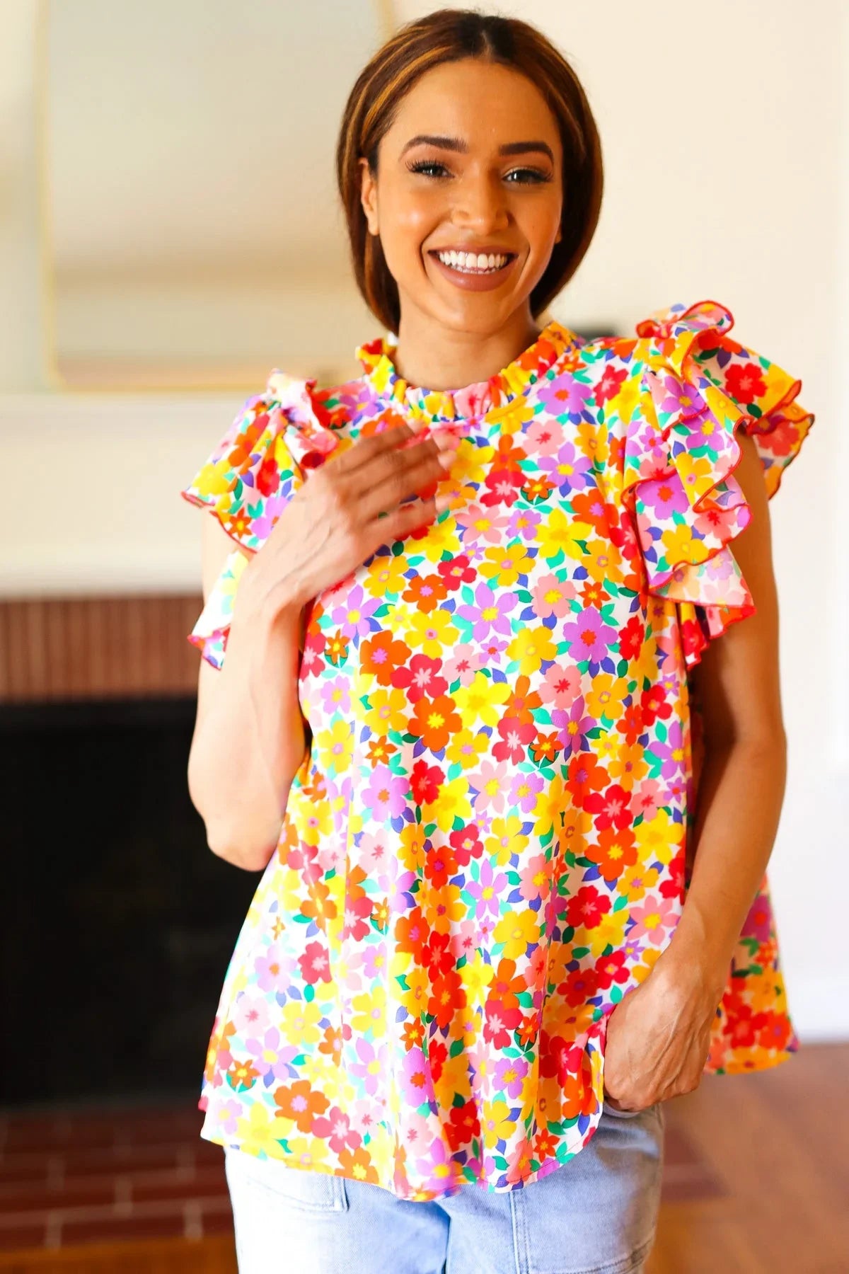 Flower Power Ivory & Red Floral Mock Neck Flutter Sleeve Top | Daverri Fashions