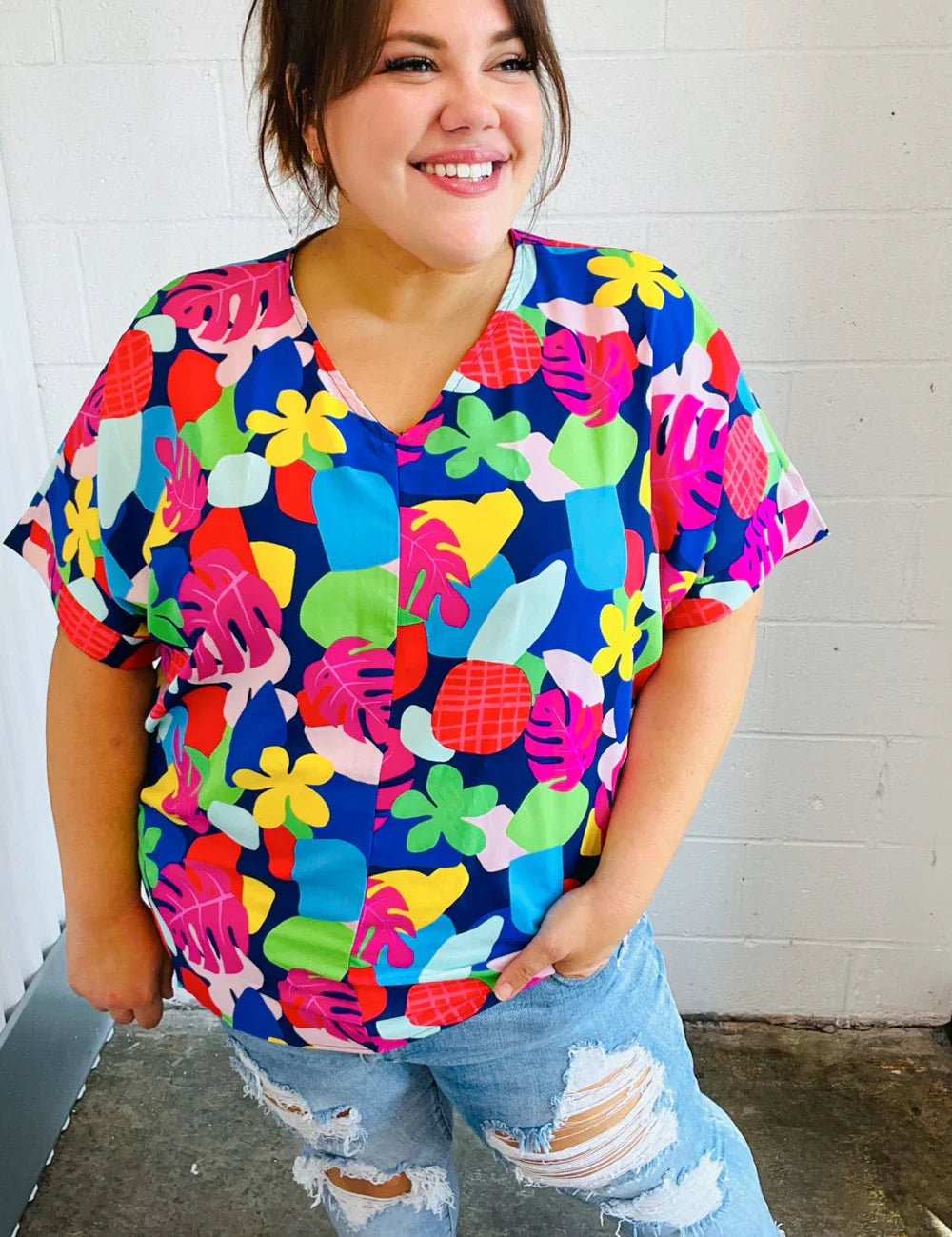 Time For Sun Navy Multicolor Tropical Print V Neck Top | 07-01-25 Summer Sale Daverri Fashions