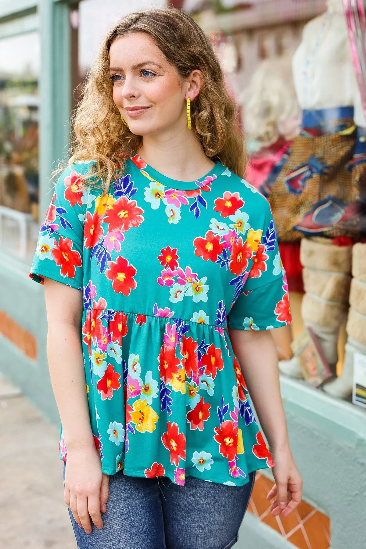 Take Me Away Teal Floral Drop Shoulder Babydoll Top | 07-01-25 Summer Sale Daverri Fashions