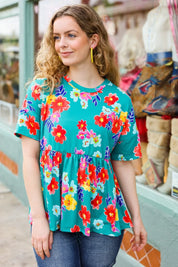 Take Me Away Teal Floral Drop Shoulder Babydoll Top | 07-01-25 Summer Sale Daverri Fashions