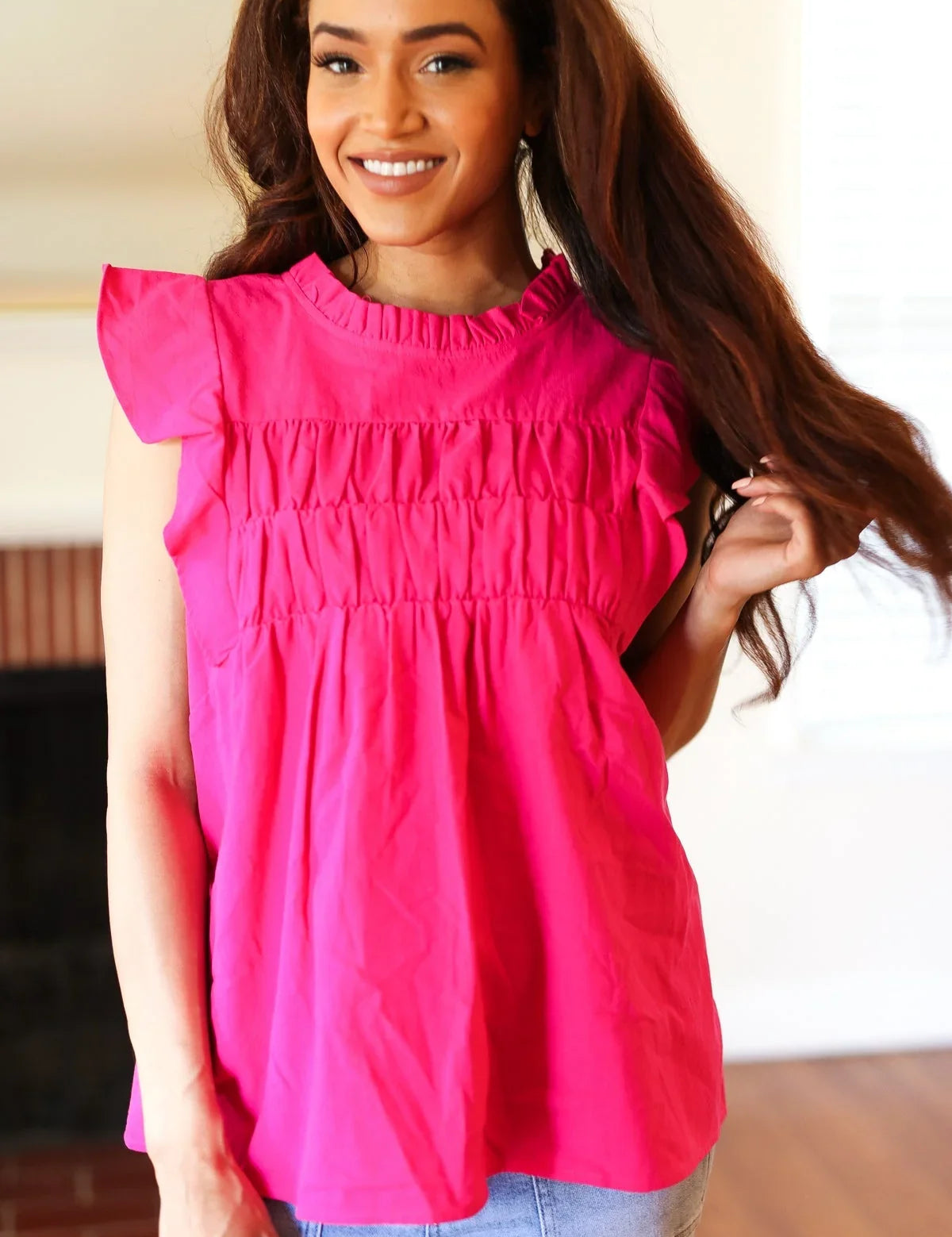 Love Life Cotton Fuchsia Frill Mock Neck Flutter Sleeve Top | 07-01-25 Summer Sale Daverri Fashions
