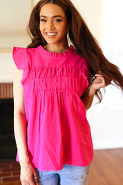 Love Life Cotton Fuchsia Frill Mock Neck Flutter Sleeve Top | 07-01-25 Summer Sale Daverri Fashions