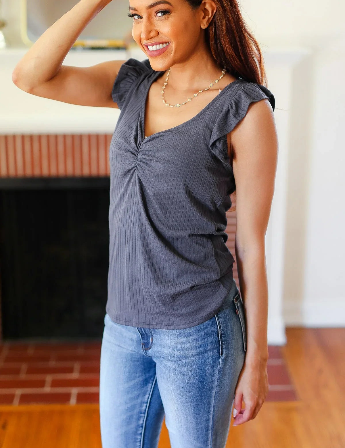 Sunny Days Charcoal Sweetheart Neckline Ribbed Top | Daverri Fashions