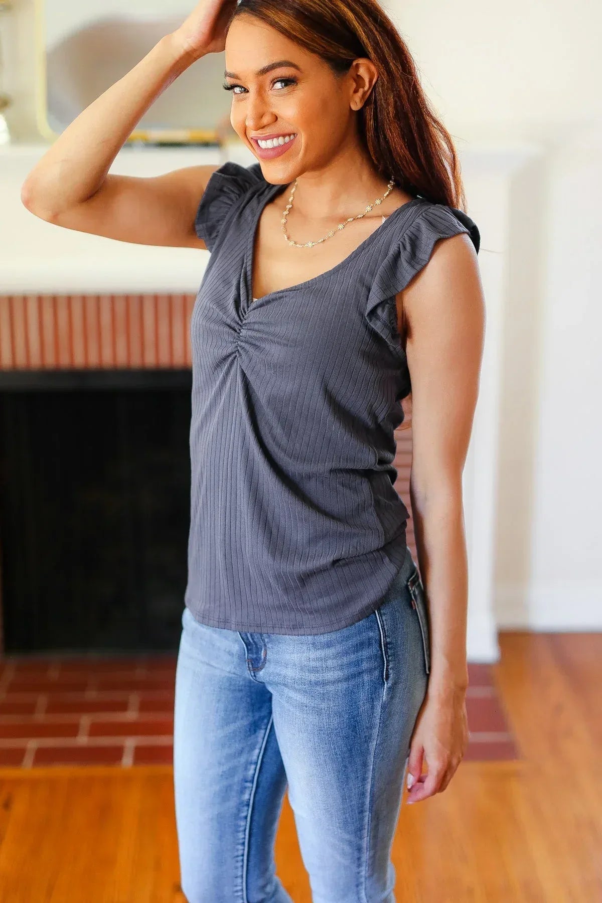 Sunny Days Charcoal Sweetheart Neckline Ribbed Top - DAVERRI FASHIONS