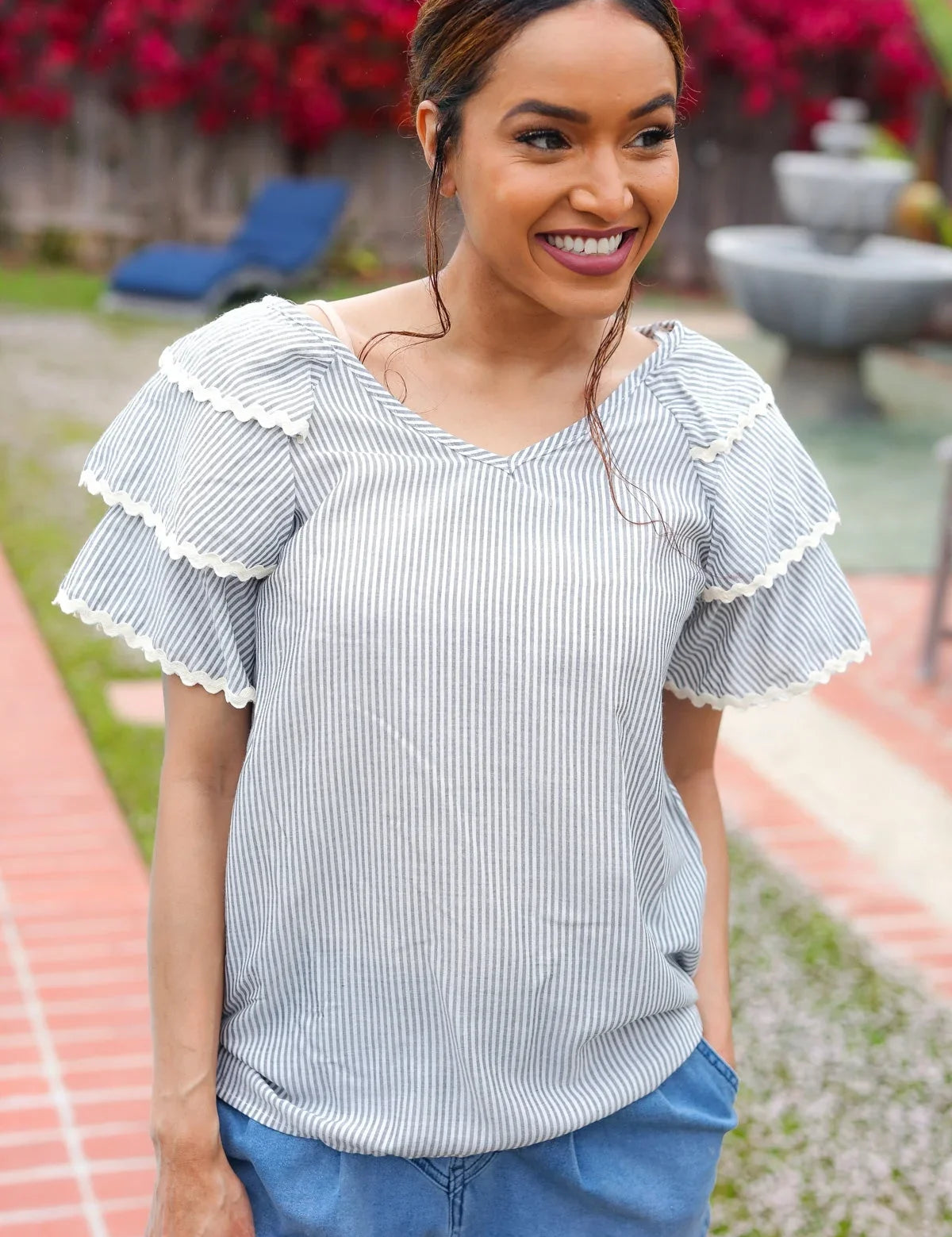 Lovely In Gray Stripe Tiered Ruffle Sleeve Ric Rac Trim Top | 2024 Summer Blow Out Sale Daverri Fashions