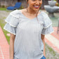 Lovely In Gray Stripe Tiered Ruffle Sleeve Ric Rac Trim Top - DAVERRI FASHIONS