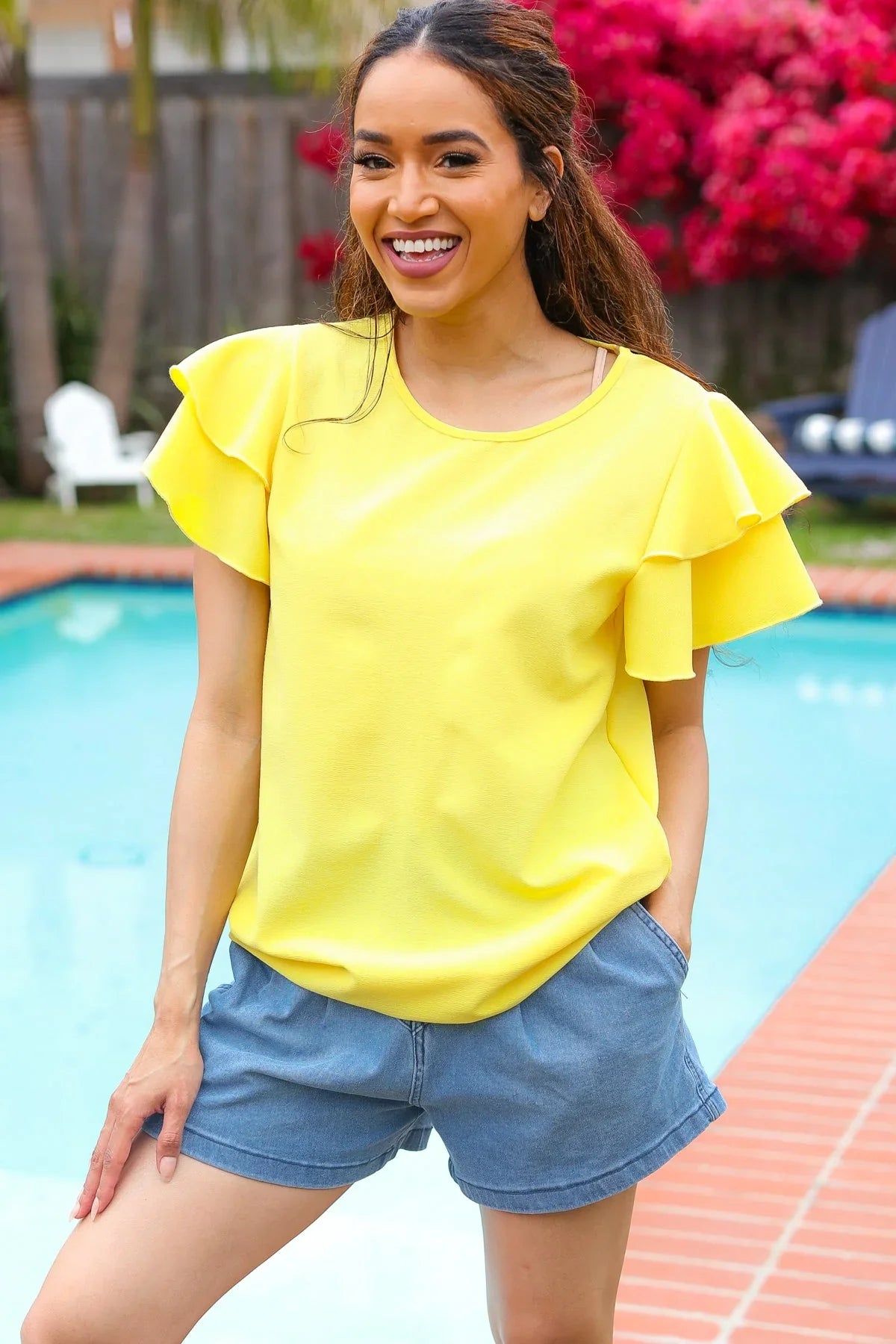 Lovely In Yellow Tiered Double Ruffle Sleeve Woven Top | 2024 Blow-Out Sale Daverri Fashions