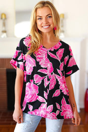 Tropical Vibes Black & Hot Pink Floral V Neck Top | Daverri Fashions