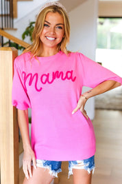 Take A Bow Pink "Mama" Embroidery Puff Sleeve Sweater Top | Daverri Fashions