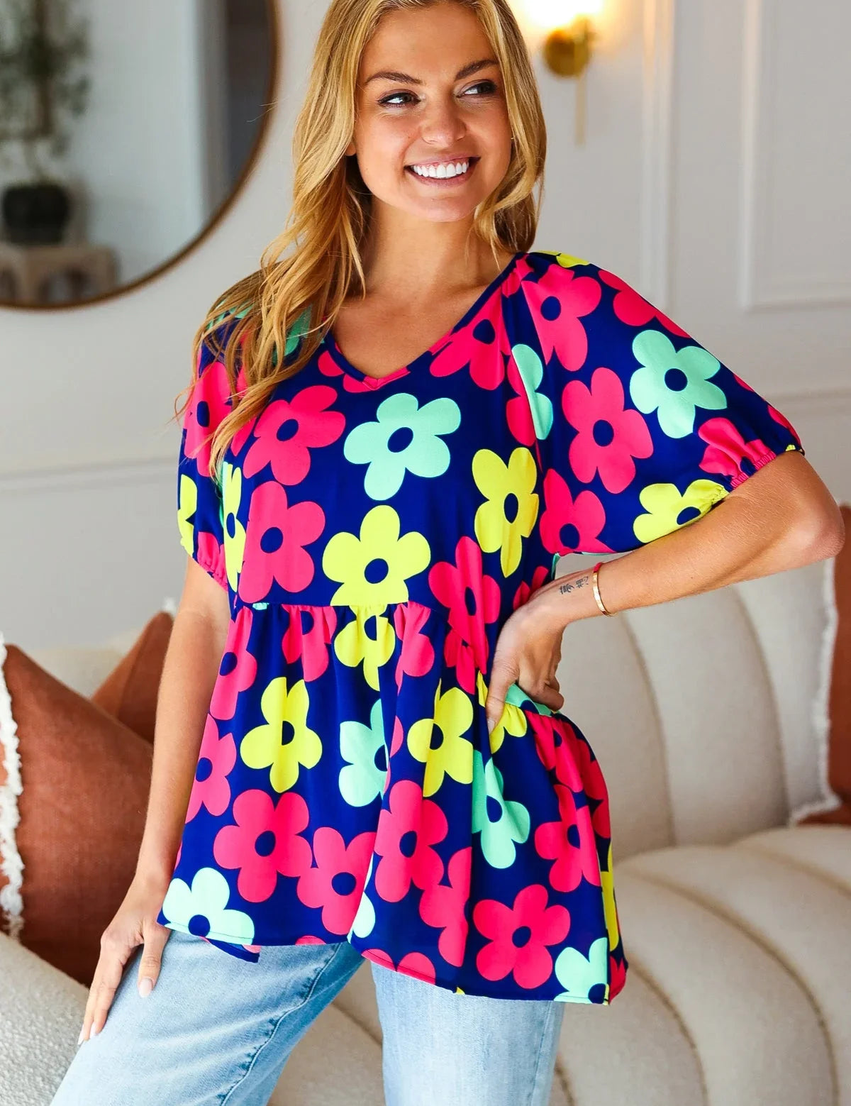 Sunny Days Navy Flat Floral Bubble Sleeve Babydoll Top | Daverri Fashions