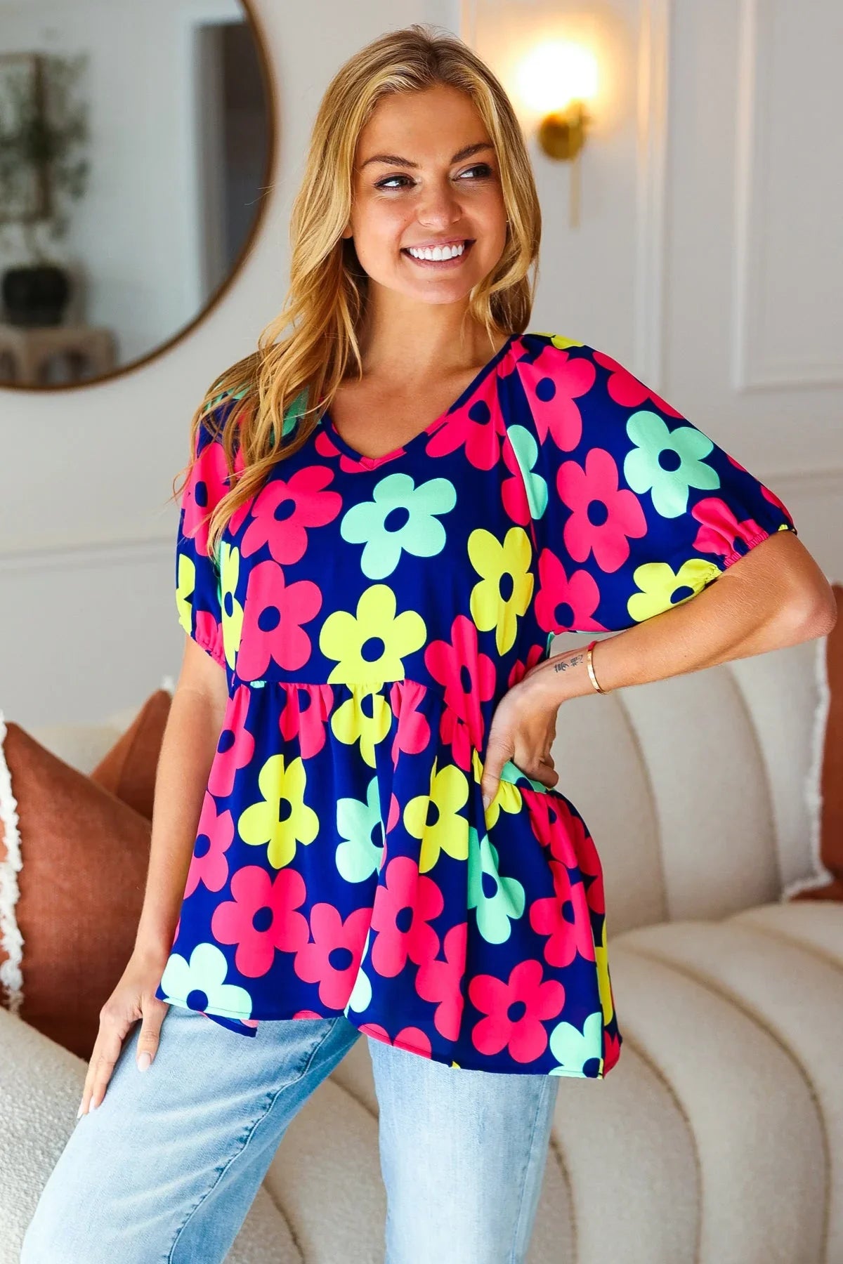 Sunny Days Navy Flat Floral Bubble Sleeve Babydoll Top | Daverri Fashions