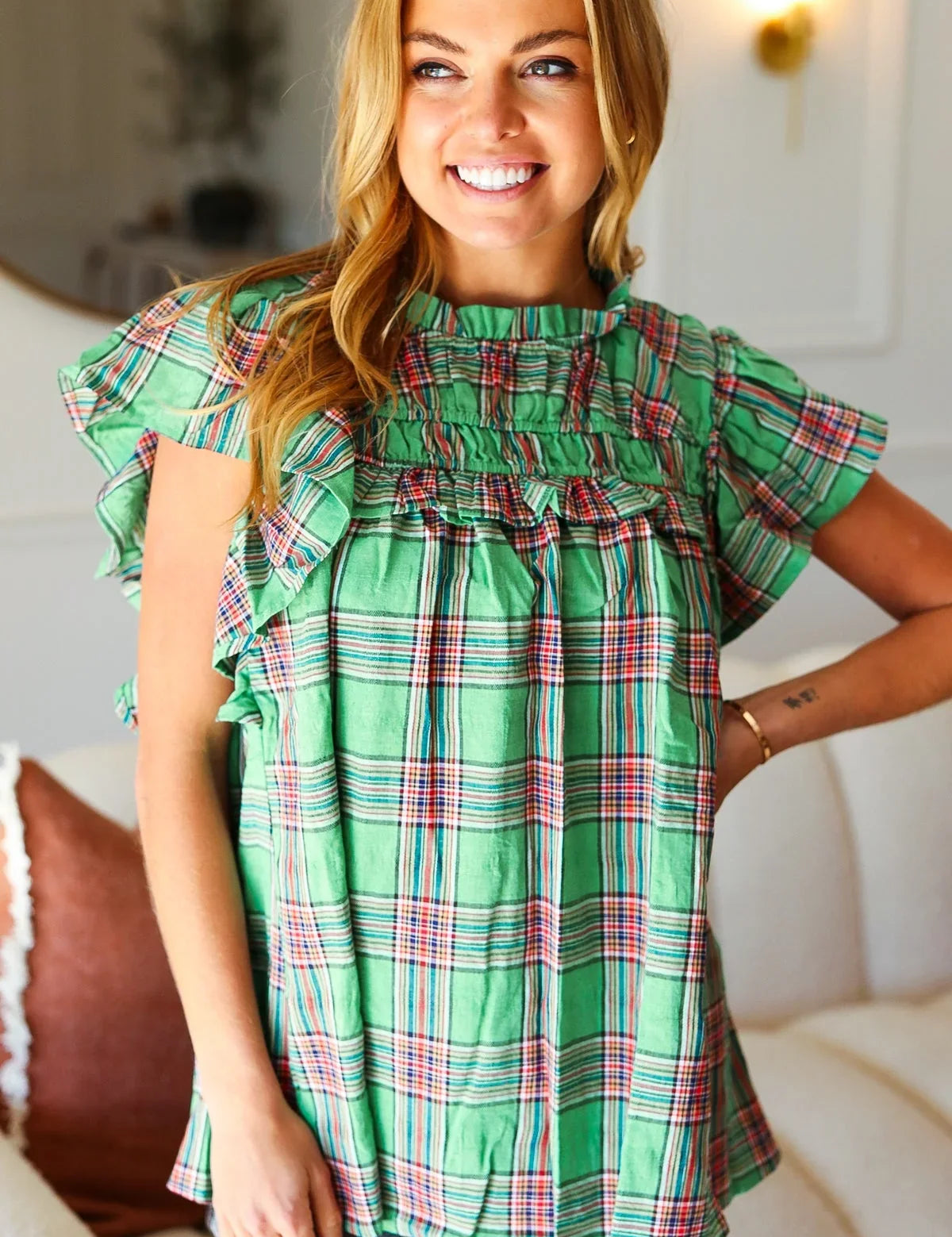 Live For Today Green Plaid Shirred Yoke Flutter Sleeve Top | Daverri Fashions