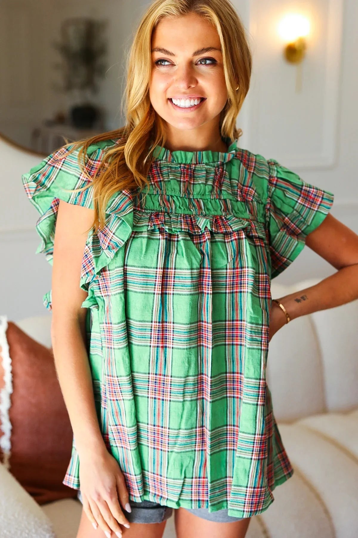 Live For Today Green Plaid Shirred Yoke Flutter Sleeve Top | Daverri Fashions