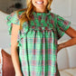 Live For Today Green Plaid Shirred Yoke Flutter Sleeve Top - DAVERRI FASHIONS