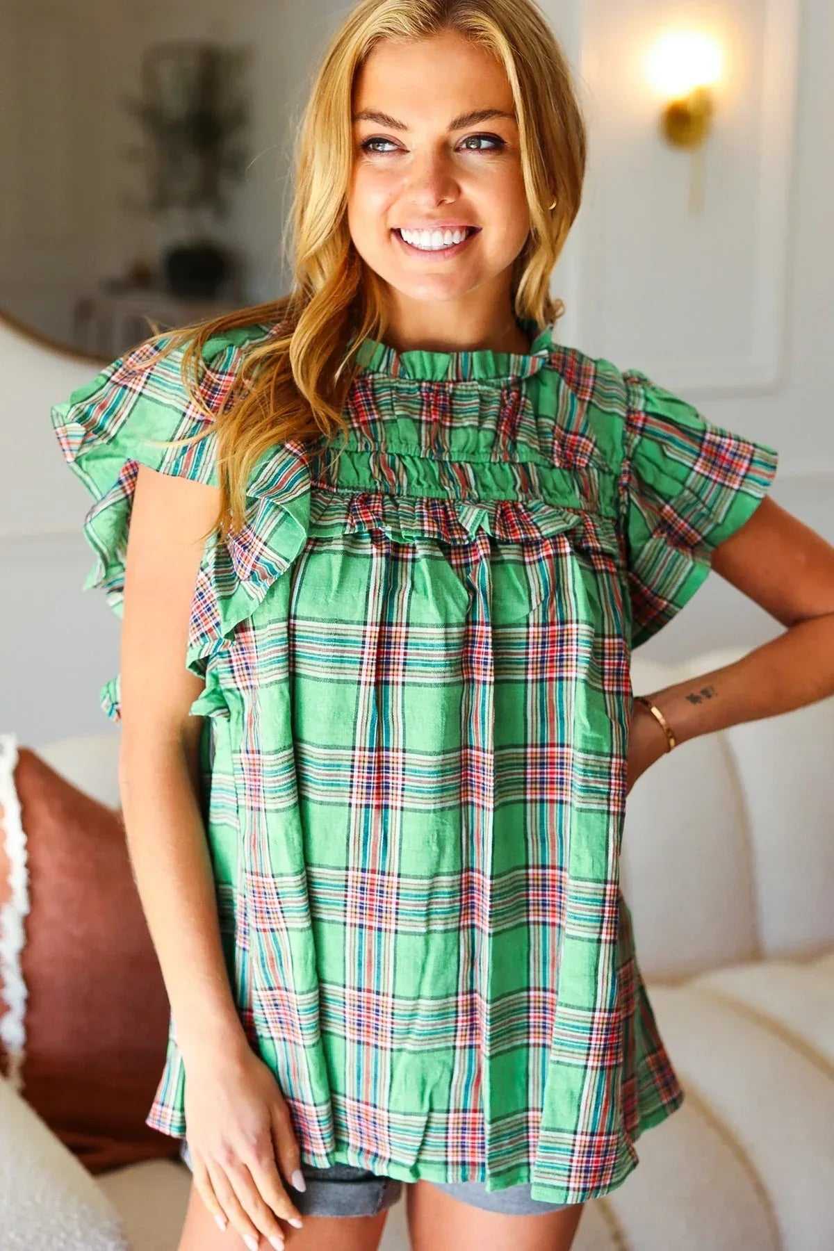 Live For Today Green Plaid Shirred Yoke Flutter Sleeve Top - DAVERRI FASHIONS