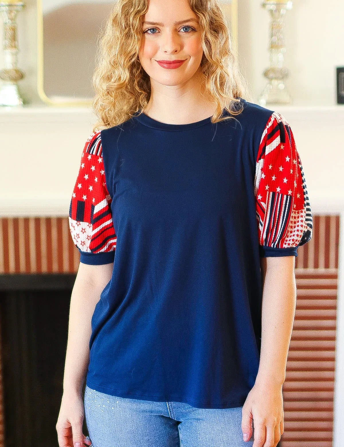 Stand-Out Navy Patriotic Patchwork Puff Sleeve Top | Daverri Fashions