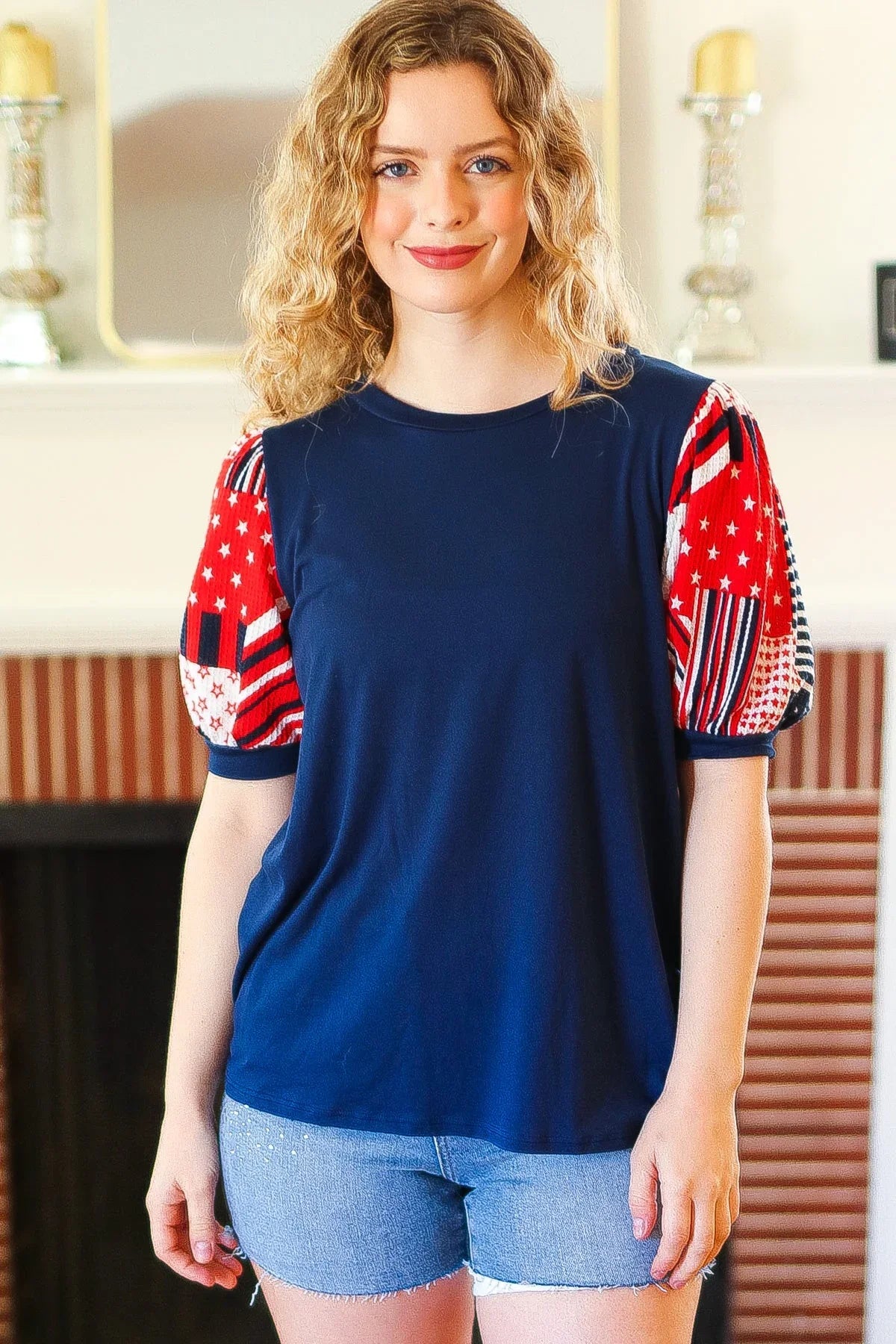 Stand-Out Navy Patriotic Patchwork Puff Sleeve Top | Daverri Fashions