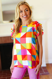 You Got This Red Geometric Print Double Ruffle Sleeve Top | Daverri Fashions