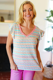 Sunny Days Coral Two Tone Striped Textured Knit V Neck Top | 2024 Summer Blow Out Sale Daverri Fashions