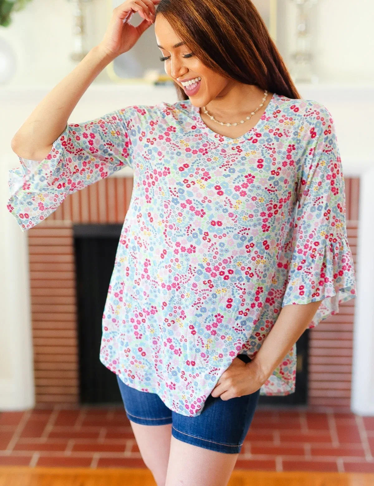 Feeling It Blue Floral Print Ruffle Three Quarter Sleeve Top | Daverri Fashions