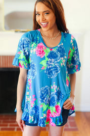 Feeling Playful Blue Floral Ruffle Sleeve & Hem Tunic Top | 07-01-25 Summer Sale Daverri Fashions