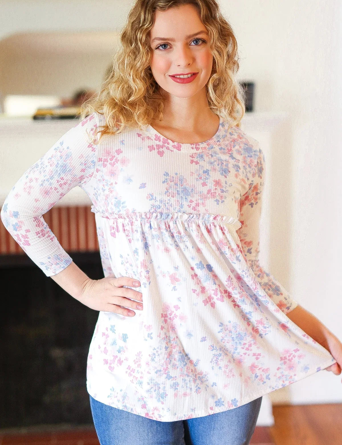Feeling Fun Blue & Pink Floral Ribbed Babydoll Ruffle Top | Daverri Fashions