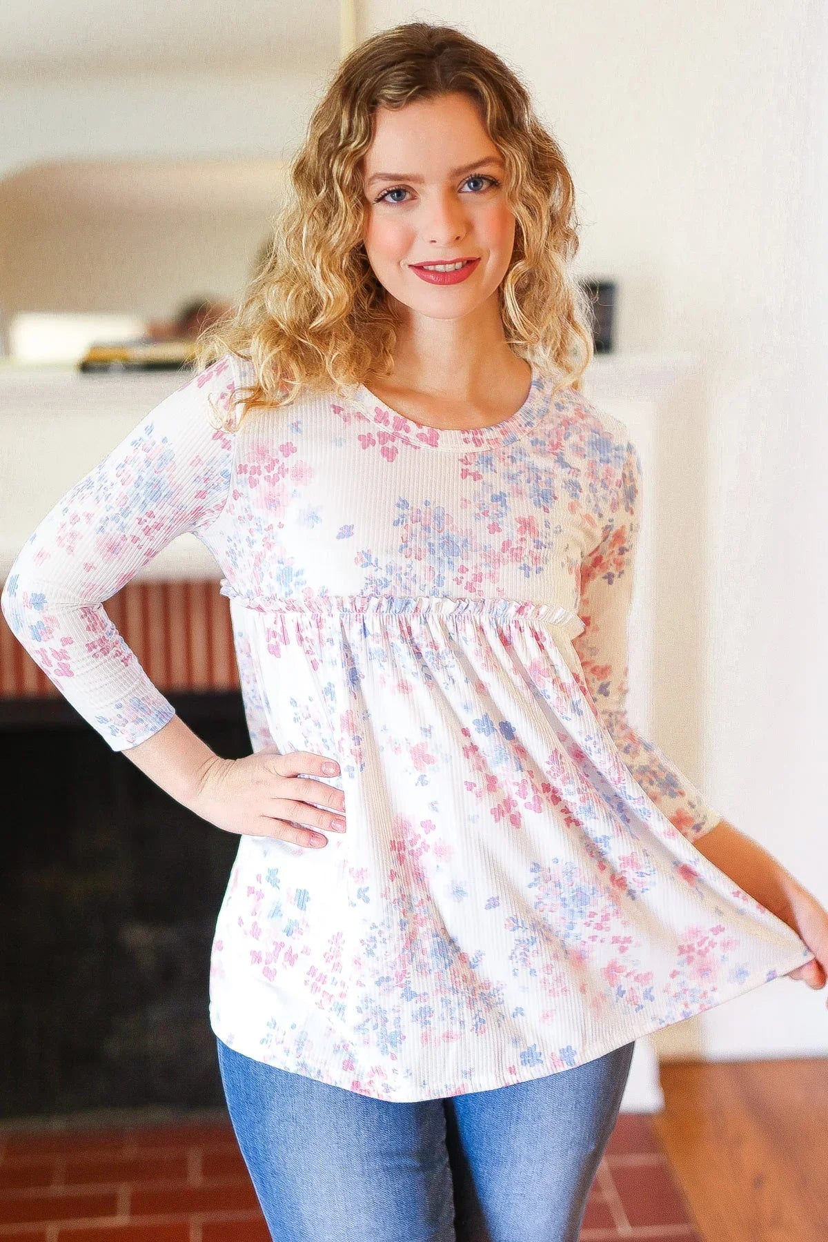 Feeling Fun Blue & Pink Floral Ribbed Babydoll Ruffle Top | Daverri Fashions