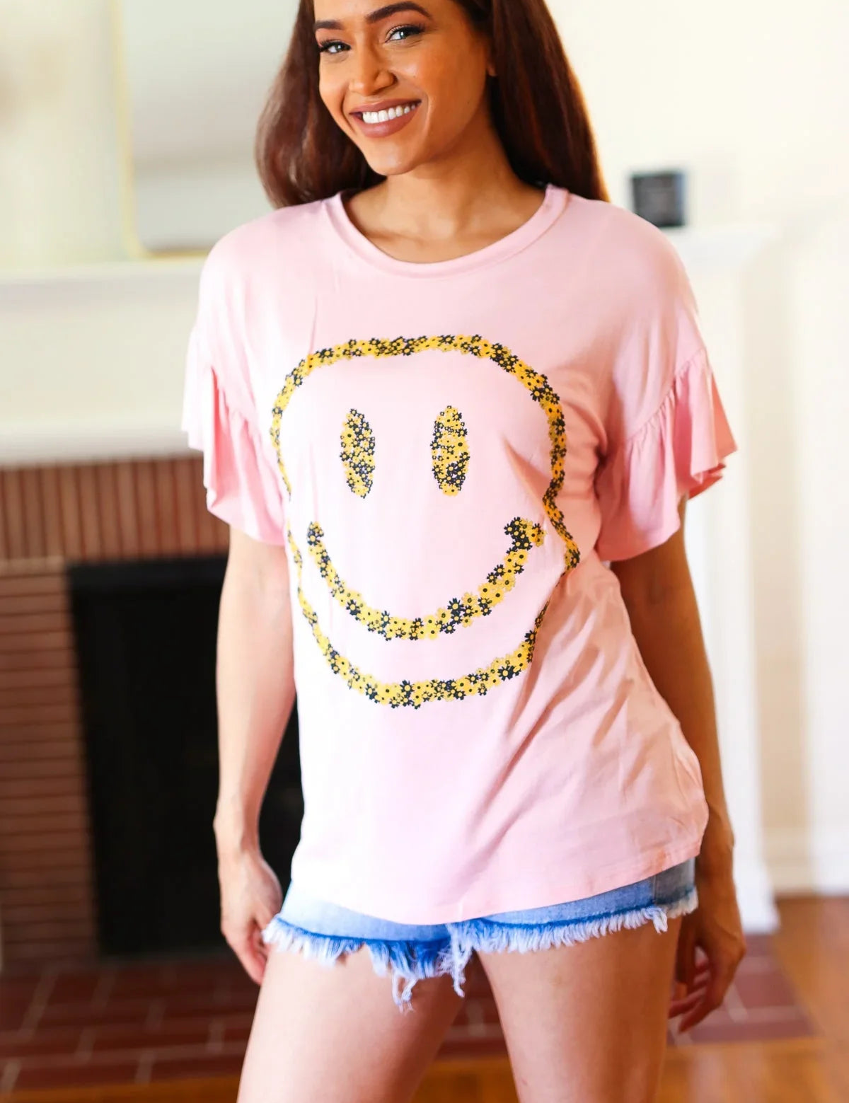 Live For Today Pink Floral Smiley Face Flutter Sleeve Tee | Daverri Fashions