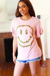 Live For Today Pink Floral Smiley Face Flutter Sleeve Tee | Daverri Fashions