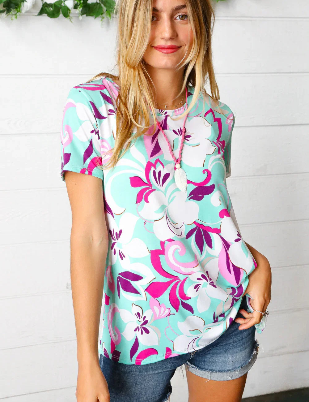 Turquoise & Purple Flat Floral Print Top | Daverri Fashions