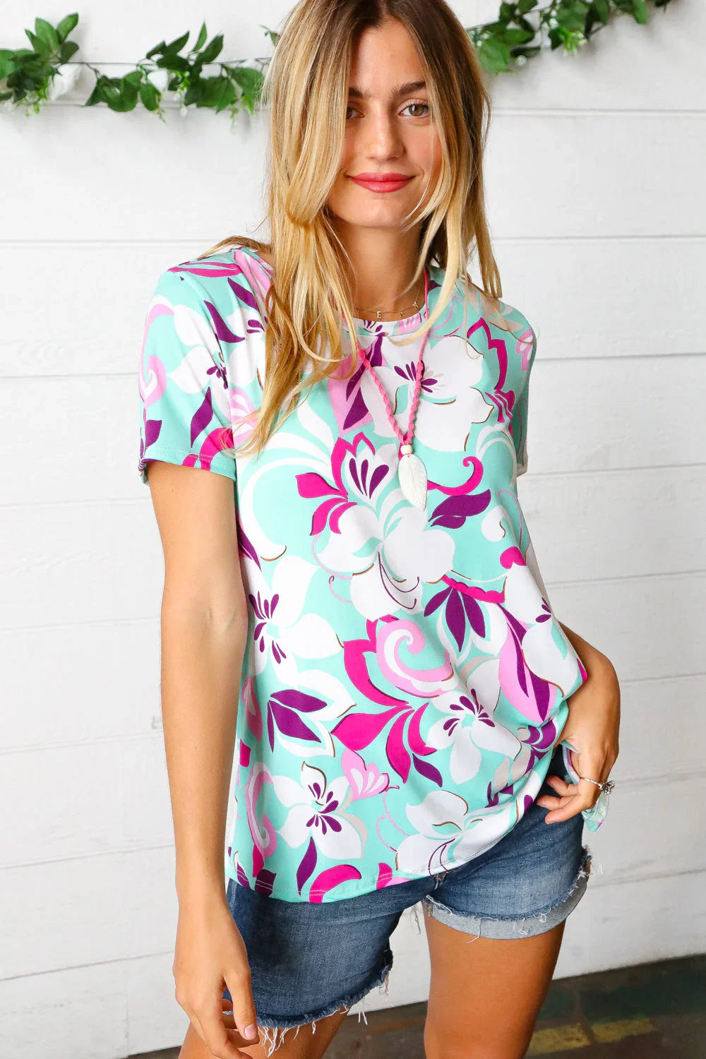 Turquoise & Purple Flat Floral Print Top | Daverri Fashions