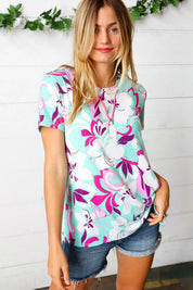 Turquoise & Purple Flat Floral Print Top | Daverri Fashions
