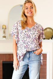 Summer Vibes Blush Floral Print V Neck Babydoll Crepe Top | Daverri Fashions