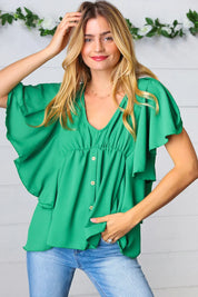 Sea Green Button Ruffle Woven Top | Daverri Fashions