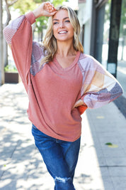 Weekend Ready Rust Argyle Pattern Dolman V Neck Top | Daverri Fashions