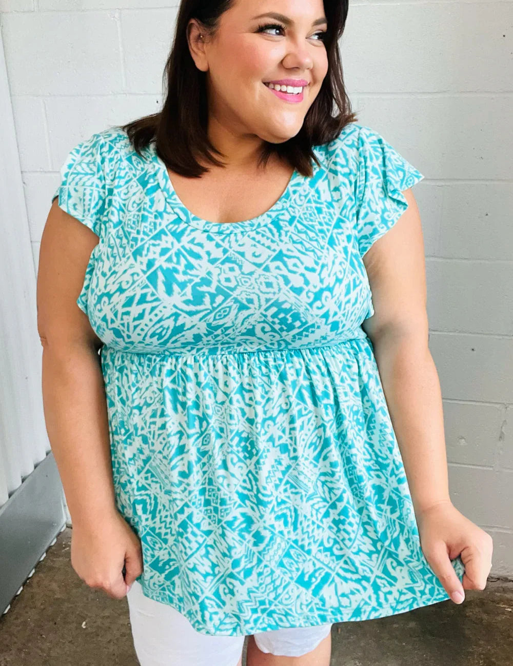 Aqua Boho Print Ruffle Short Sleeve Babydoll Top | Daverri Fashions