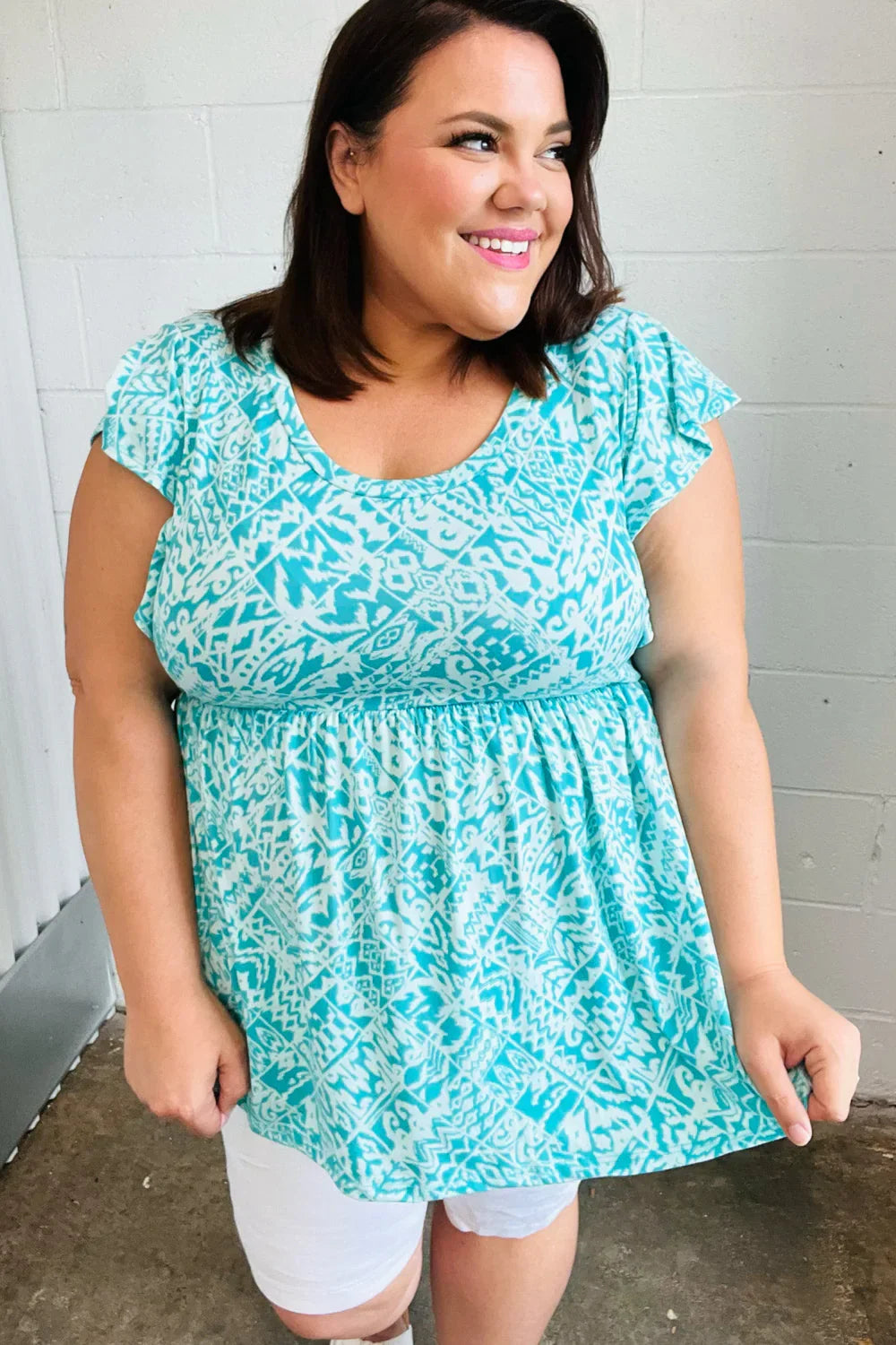 Aqua Boho Print Ruffle Short Sleeve Babydoll Top | Daverri Fashions
