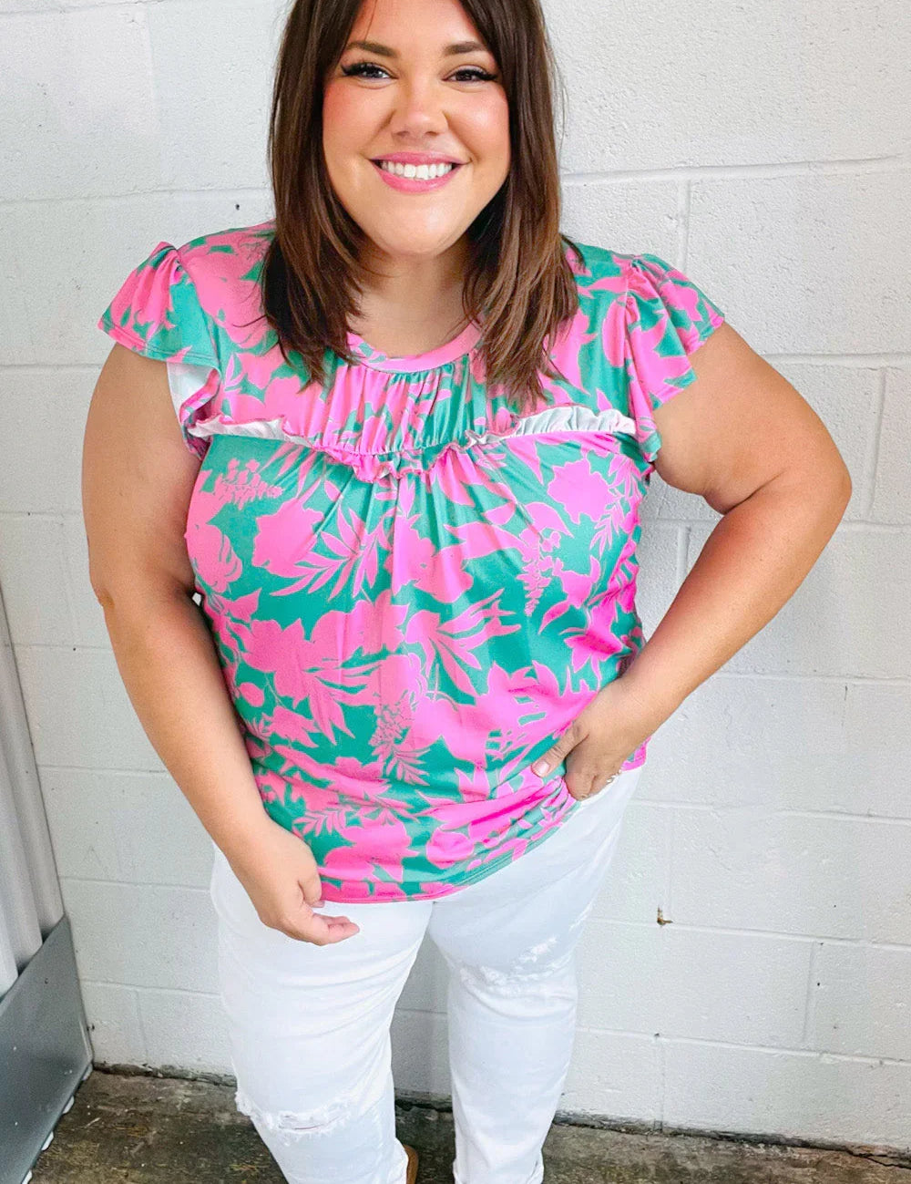 Pink & Green Floral Print Frilled Short Sleeve Yoke Top | 07-01-25 Summer Sale Daverri Fashions