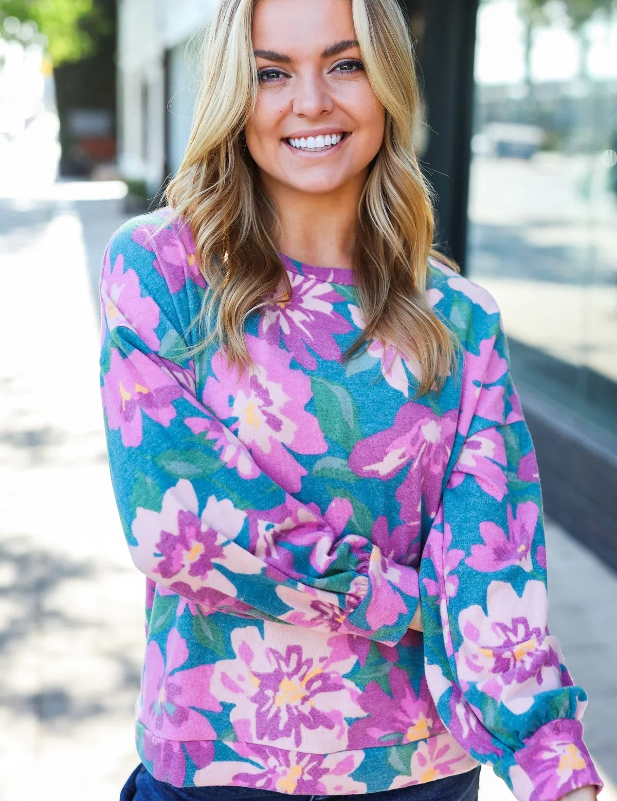 Feeling Femme Teal Floral Brushed Hacci Sweater Top | Daverri Fashions