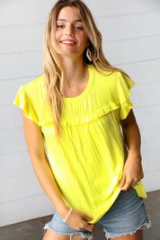 Yellow Wide Rib Frilled Short Sleeve Yoke Top | Daverri Fashions