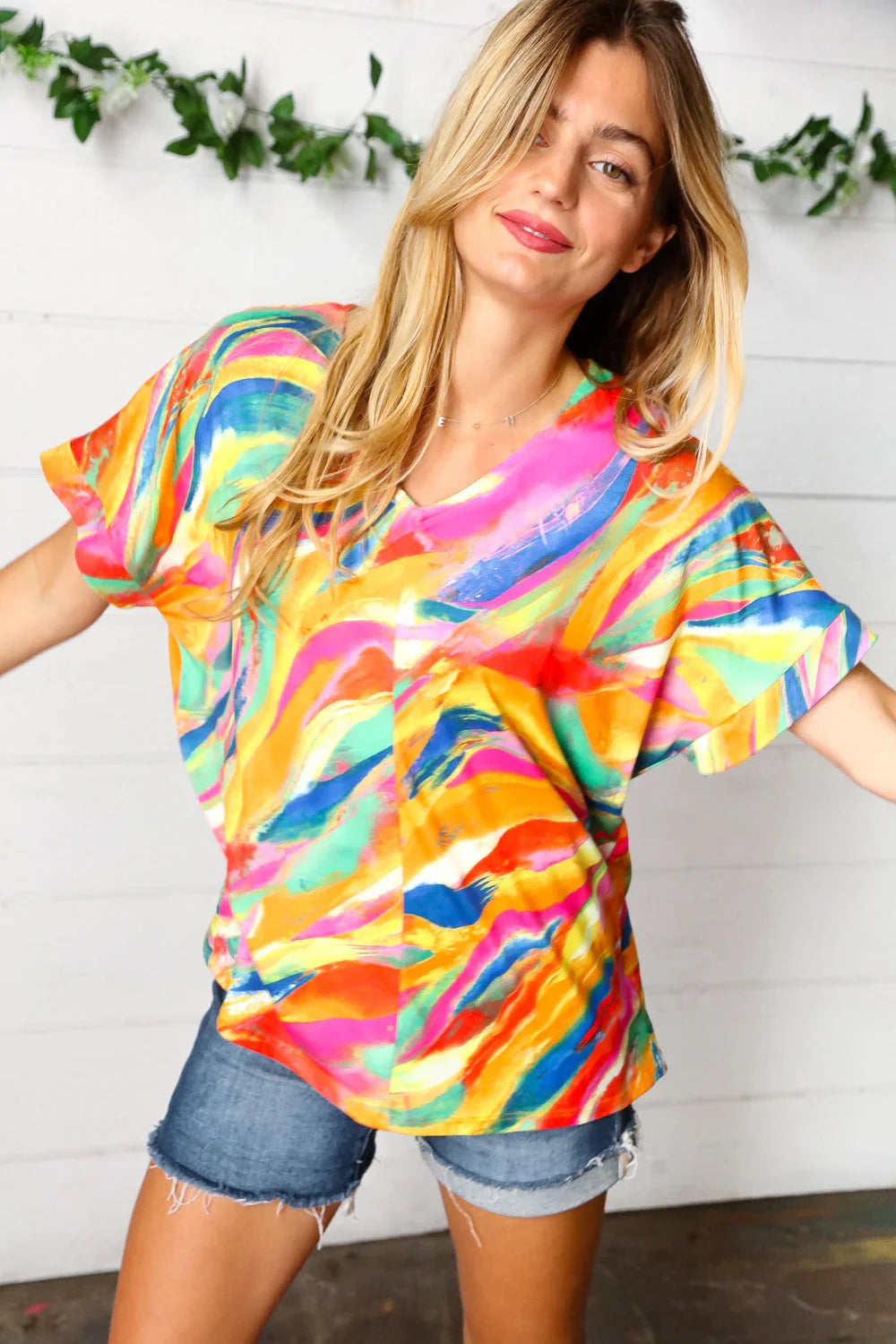 Watercolor Paint Strokes V Neck Top | Daverri Fashions