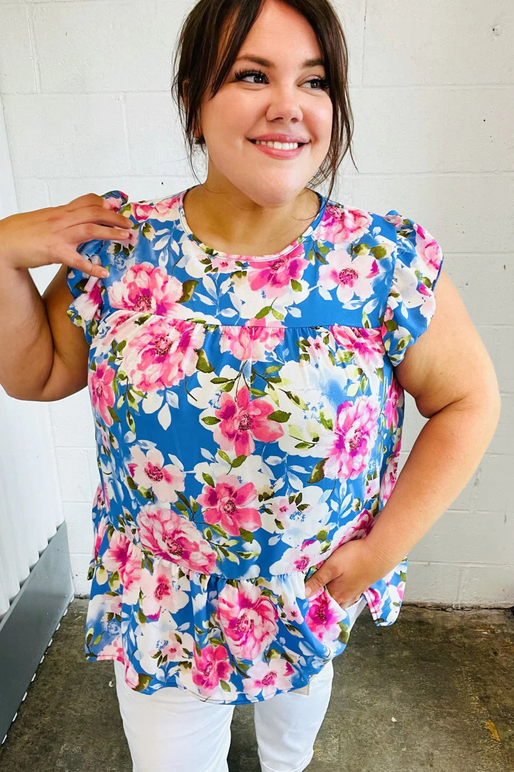 Sky Blue Floral Yoke Flutter Sleeve Keyhole Back Top | Daverri Fashions