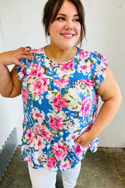 Sky Blue Floral Yoke Flutter Sleeve Keyhole Back Top | Daverri Fashions